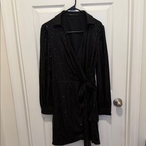 Express Elegant Black Sequin Wrap Dress